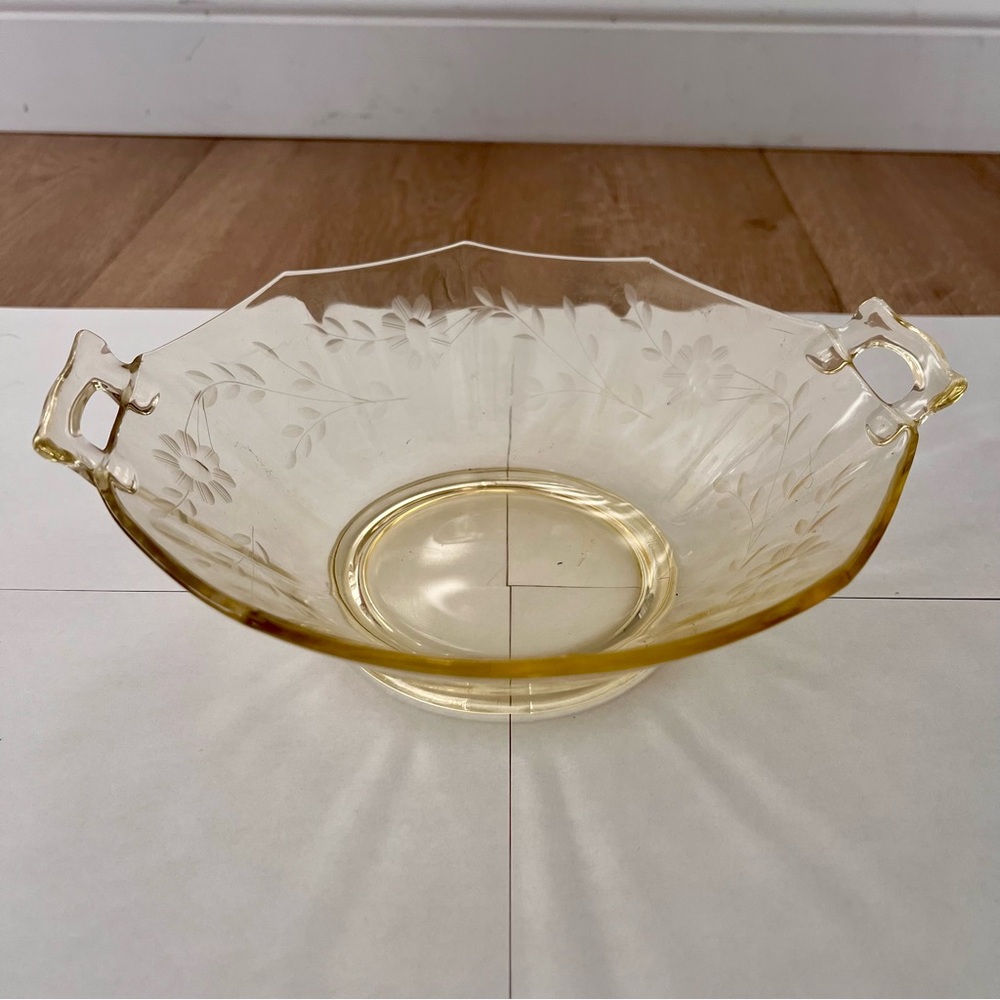Vtg 30s Fostoria June Topaz Yellow Depression Glass Etched Flowers Bowl Dish 10”